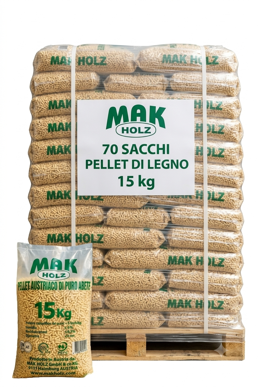 MAK Holz – Palette 70 Sacchi da 15 Kg | Pellet Austriaco Premium di Puro Abete