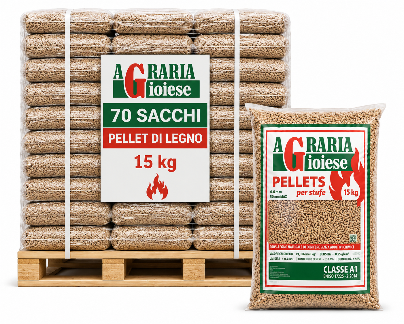 PELLET PER STUFE AGRARIA GIOIESE CLASSE A1 LEGNO DI CONIFERE – PALLET 70 SACCHI DA 15KG