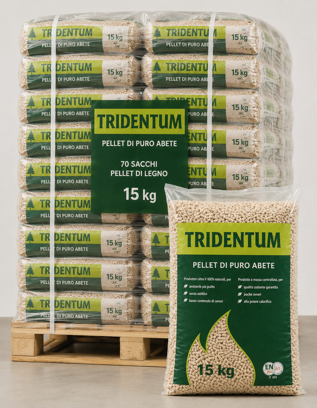PELLET TRIDENTUM 100% PURO ABETE ENplus A1 – PALLET 70 SACCHI DA 15KG