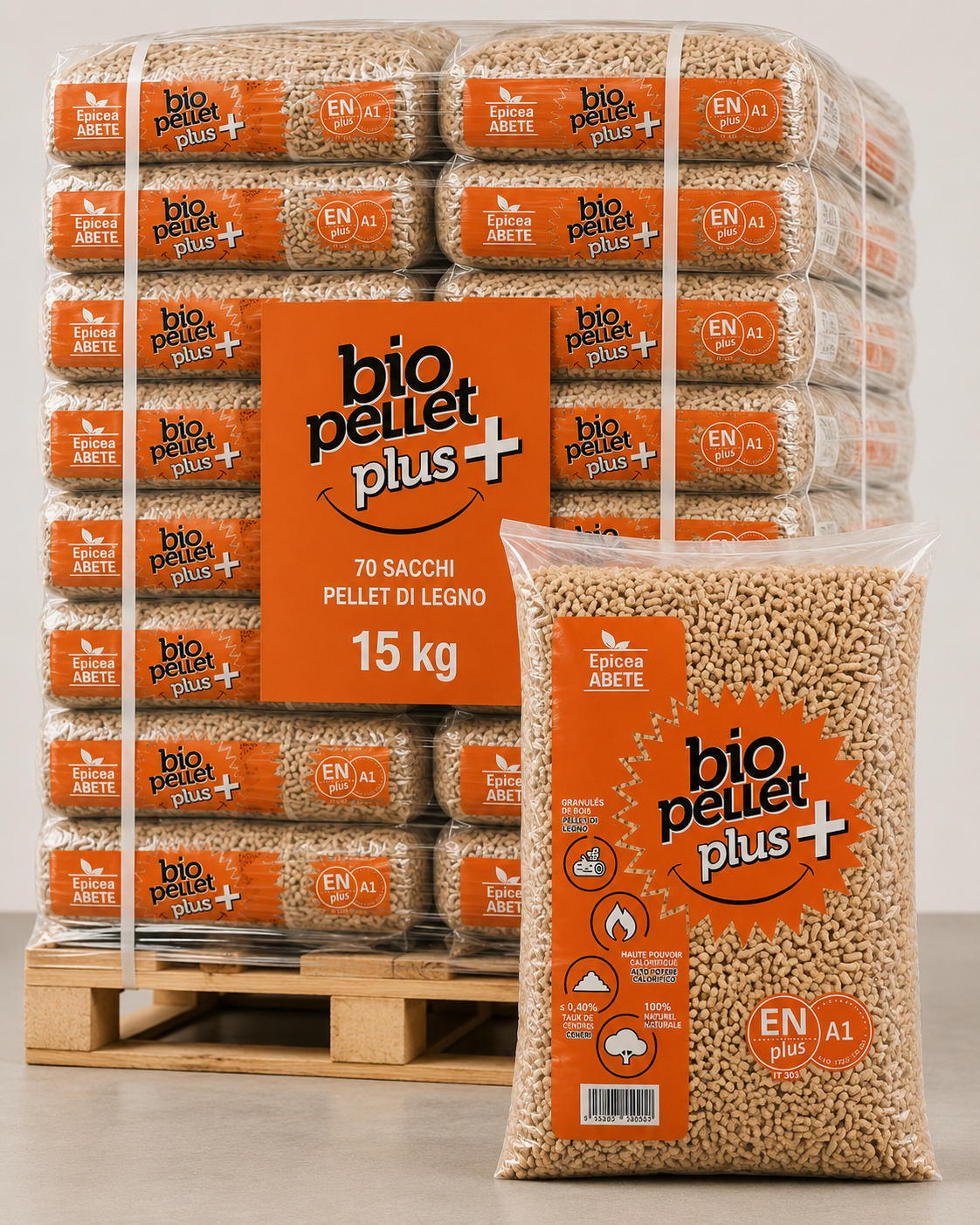 BIO PELLET PLUS+– Pellet di Legno Epicea Abete ENplus A1 |70 SACCHI DA 15 kg