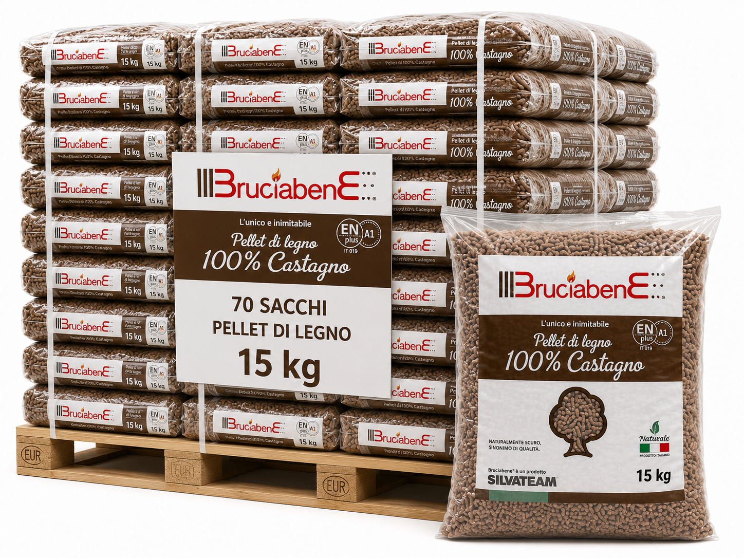 BruciaBene – Pellet di Legno 100% Castagno ENplus A1 | Pallet 70 sacchi × 15 kg