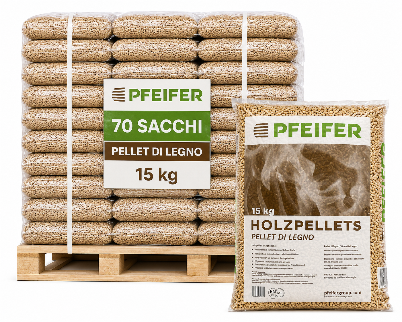 PELLET 100% ABETE DA SEGATURA DI LEGNO – PALLET 70 SACCHI DA 15KG