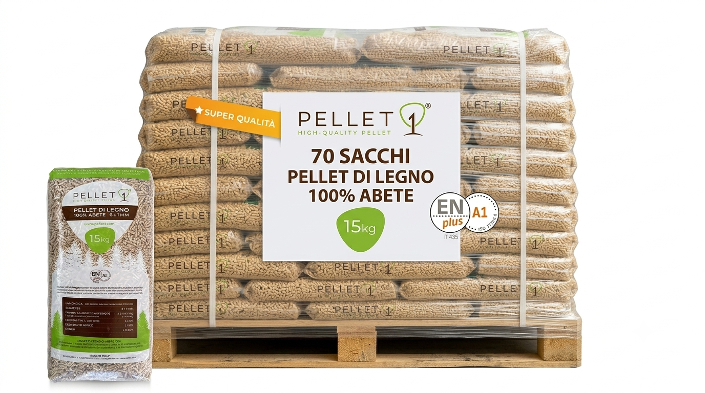Pellet Premium Abete ENplus A1– 100% ABETE ENplus A1 – PALLET 70 SACCHI DA 15KG